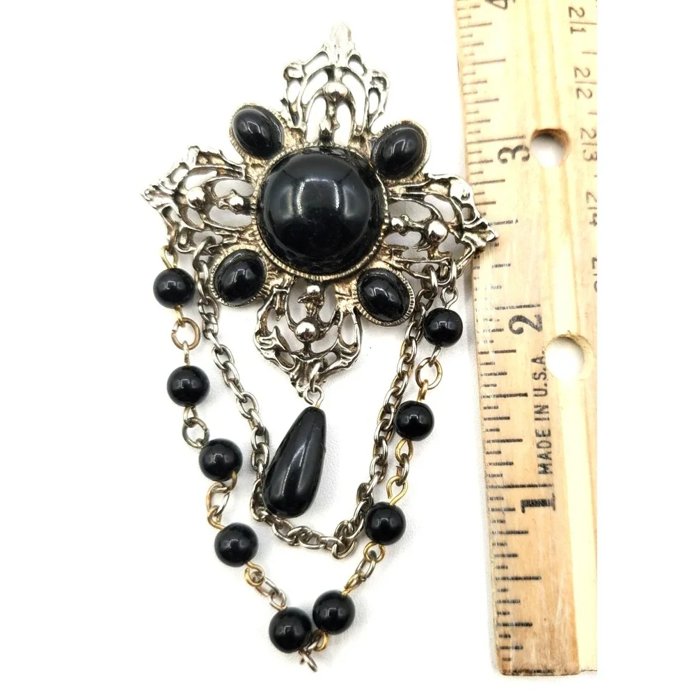 Vintage Gothic Revival Black Cabochon Dangle Chain Brooch Silver Tone